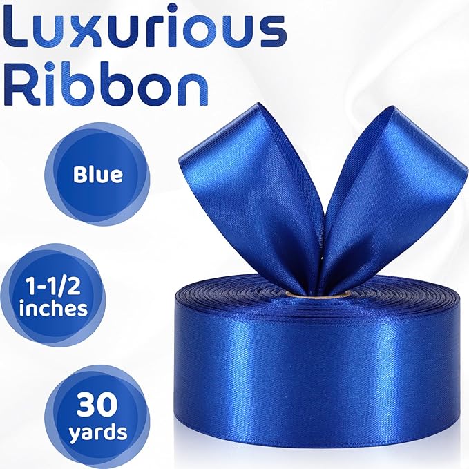 Blue Ribbon 1-1/2 Inch 30 Yards Royal Blue Satin Ribbon for Flower Bouquet, Fabric Ribbon for Gift Wrapping Crafts Hair Accessories Sewing Wedding Christmas