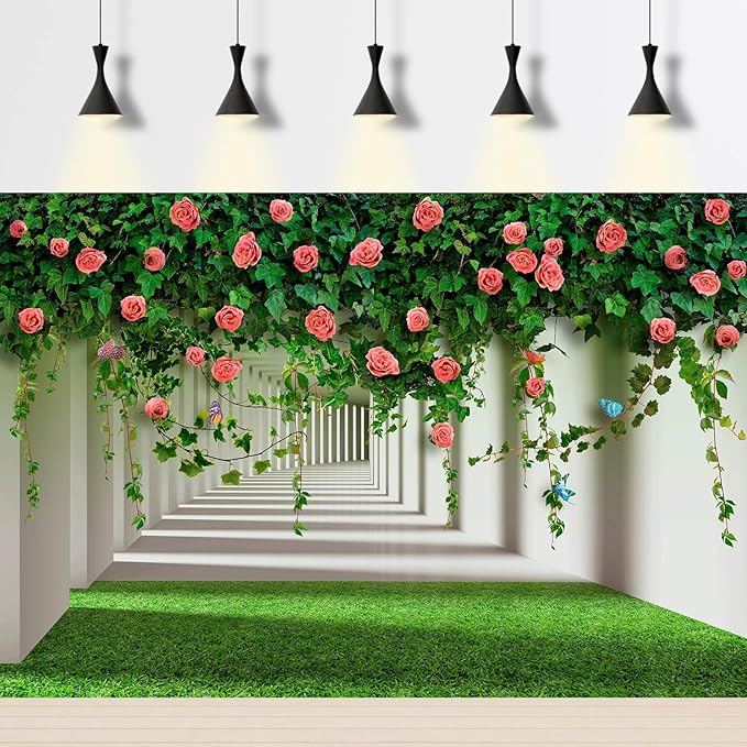 Rose Flowers Backdrop Red Rose Flowers and Green Leaves with Butterflies Photography Background Spring Alley Green Grass Backdrops Outdoor Wedding Party Decorations Photo Studio Props 12x8ft