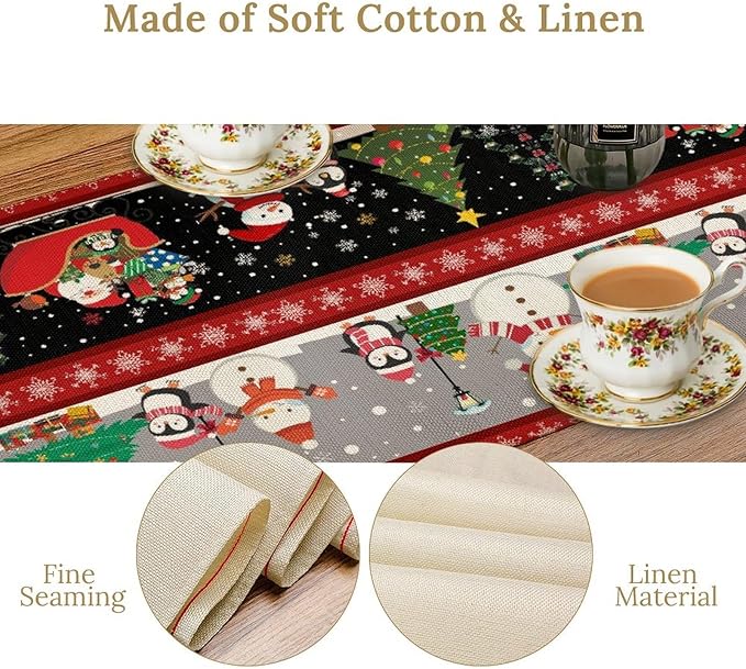 Christmas Table Runner,Cartoon Snowman Tree Xmas Deer Elk Santa Claus Print Tablecloth Burlap for Hotel Indoors Outdoor Dining Room Kitchen Home Decor,W13X L70 in