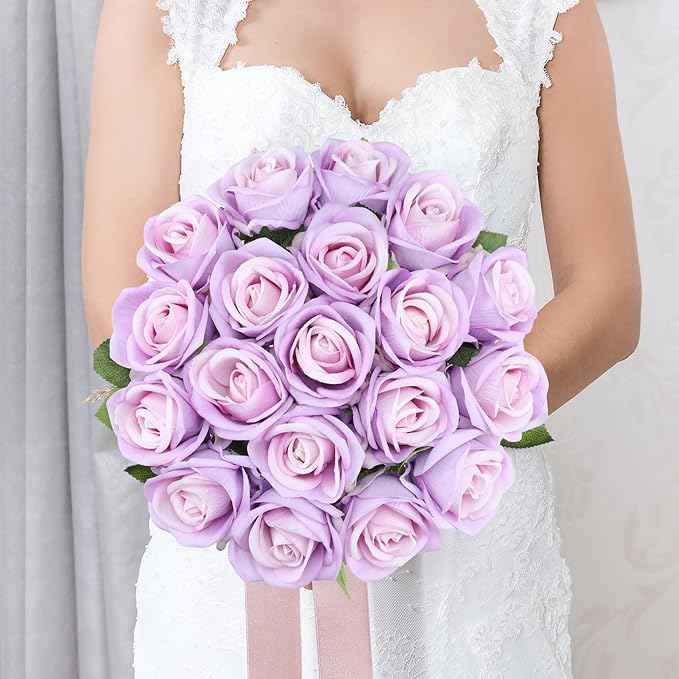 Hawesome Fake Roses Artificial Silk Flowers - 12 Pcs Purple Roses Artificial Faux Flowers with Stems for Home Wedding Centerpiece Hotel Office Decor
