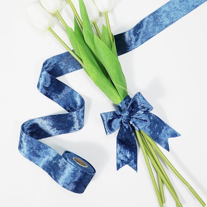 Velvet Ribbon Blue 1-1/2 inch Wide Double-Sided Glossy Fabric Ribbons for Christmas Tree Decor Gift Wrapping Flower Bouquet DIY Crafts 10Yd