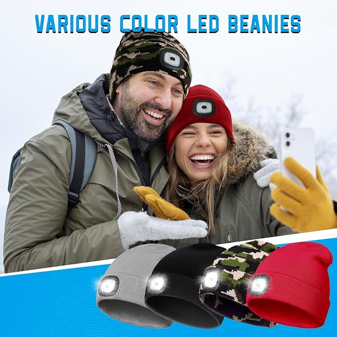 Christmas Stocking Stuffers for Men Adults, Beanie Hats with Light, USB Rechargeable LED Hand Free Headlamp, Birthday Gifts for Men, Women, and Teens, Ideal for Camping, Hiking, Camouflage
