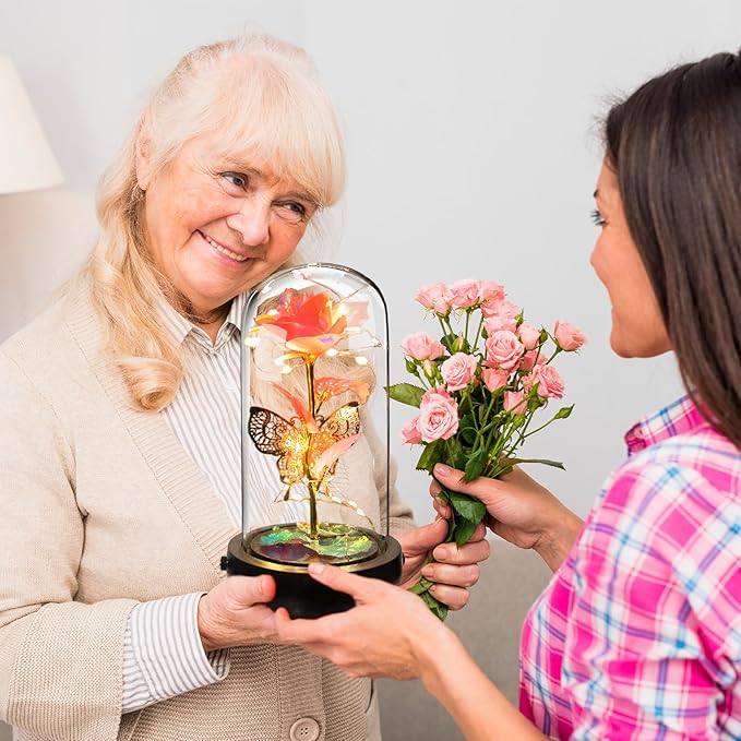 Birthday Rose Flower Gifts for Women, Glass Flower Gift for Mom from Daughter Son, Rose Gold Light Up Rose in Glass Dome with Music Box for Her Wife Grandma