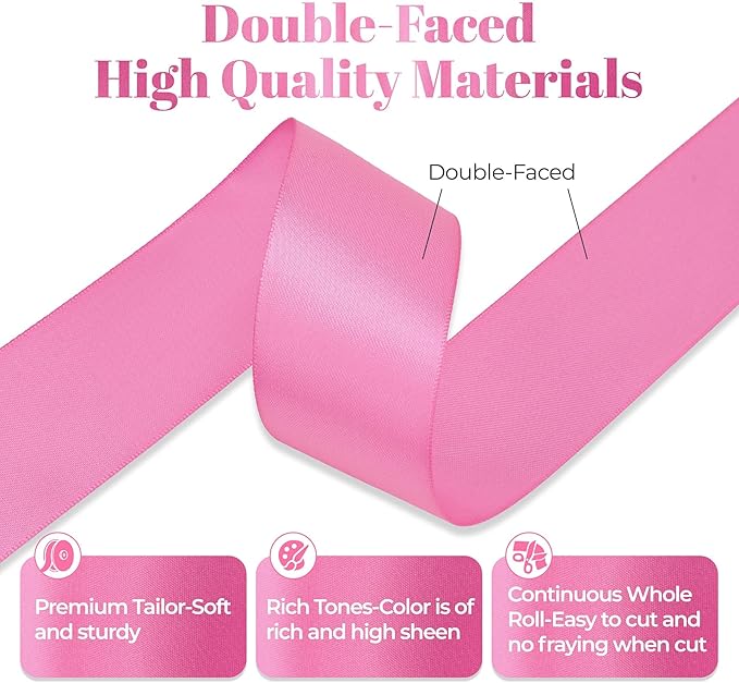 Double Faced Hot Pink Satin Ribbon, 1-1/2 Inch X 50 Yards Polyester Ribbon for Gift Package Wrapping, Crafts, Bow Making, Sewing, Flower Bouquet, Wedding Party Decor