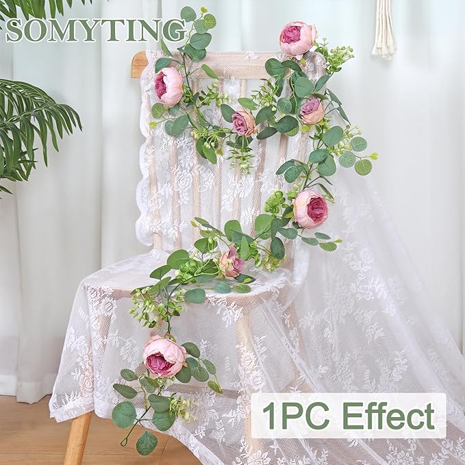 SOMYTING 2 Pack 13FT Flower Garland, Artificial Rose Vine Fake Flower Garland Silk Rose Peony Hanging Vine Faux Floral Garlands for Wedding Party Arch Table Wall Backdrop Decoration (Vintage Pink)