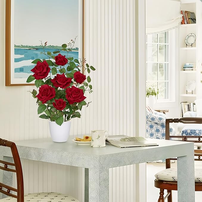 Hollyone Red Fake Roses Artificial Flowers in Pot 23.6" Small Roses Tree Indoor Outdoor Faux Plants & Flowers Rose Silk Flowers Potted Plant Artificial Rose Floral Arrangement Shelf Desk Home Decor