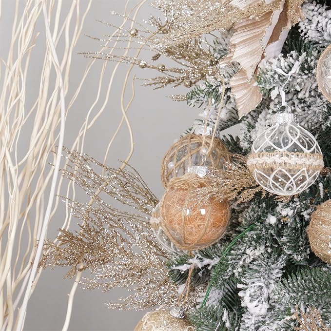 Christmas Glitter Stems 24pcs Artificial Pine Tree Picks for Christmas Tree Ornaments fillers, DIY Xmas Wreath, Crafts, Garland, Holiday, Party, Wedding and Home Decoration (Champagne Gold)