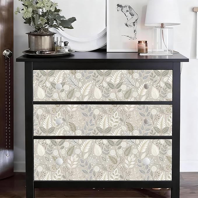 Gray Leaf Peel and Stick Wallpaper Grey White Floral Contact Paper Easy Peel Off Self-Adhesive Removable Stick on Wall Paper for Kitchen Cabinet Drawer 17.71" X 236.2"