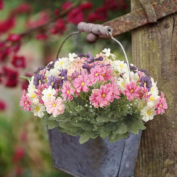 4 Pcs Artificial Daisy Flowers Outdoor UV Resistant Silk Flowers for Outside Pink Faux Daisy Bouquet Arrangement for Spring Summer Garden Porch Window Box Planter Front Door Patio Balcony Decor