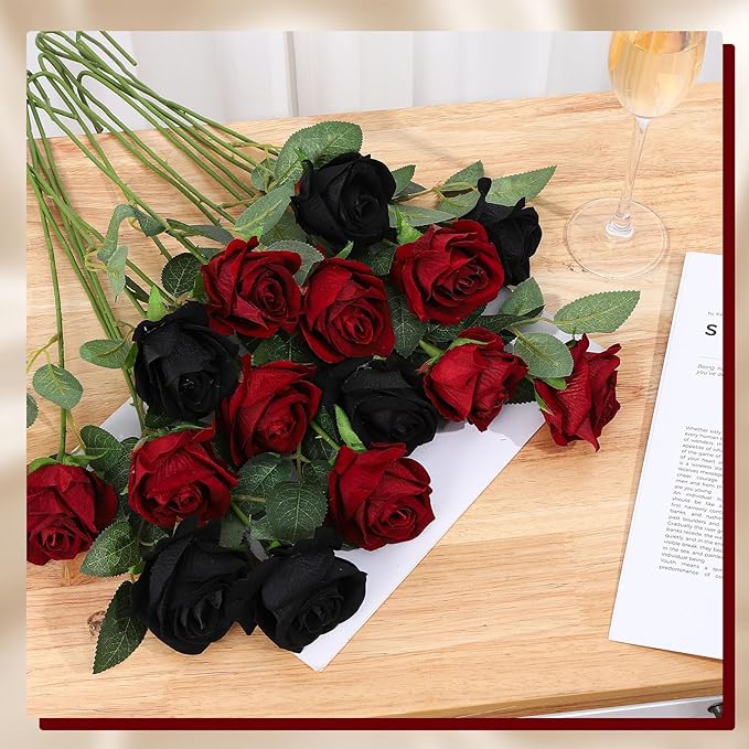 80 Pcs Roses Artificial Flowers, Silk Black & Red Artificial Flowers Petals Long Stem Roses for Wedding Bouquet Home Party Decor