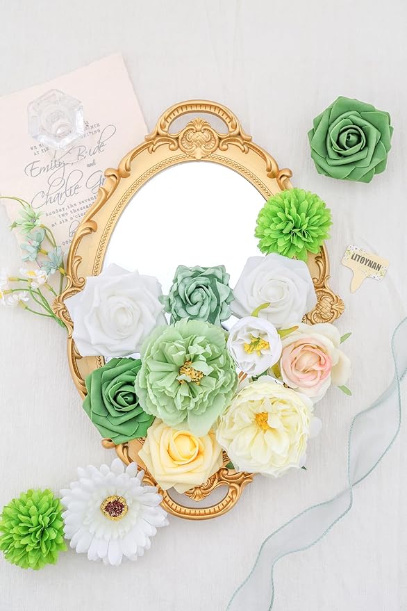 Artificial Flowers, White Green Fake Silk Flower, Silk Flowers with Stems, Wedding Cake Flowers for DIY Wedding Bridal Bouquets Centerpieces Decor