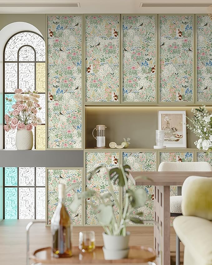 Heroad Floral Peel and Stick Wallpaper Light Green Wallpaper Boho French Country Contact Paper Cat Birds Removable Self-Adhesive Wall Paper for Bedroom Kitchen Cabinets Decoration Vinyl 17.3”x78.7”