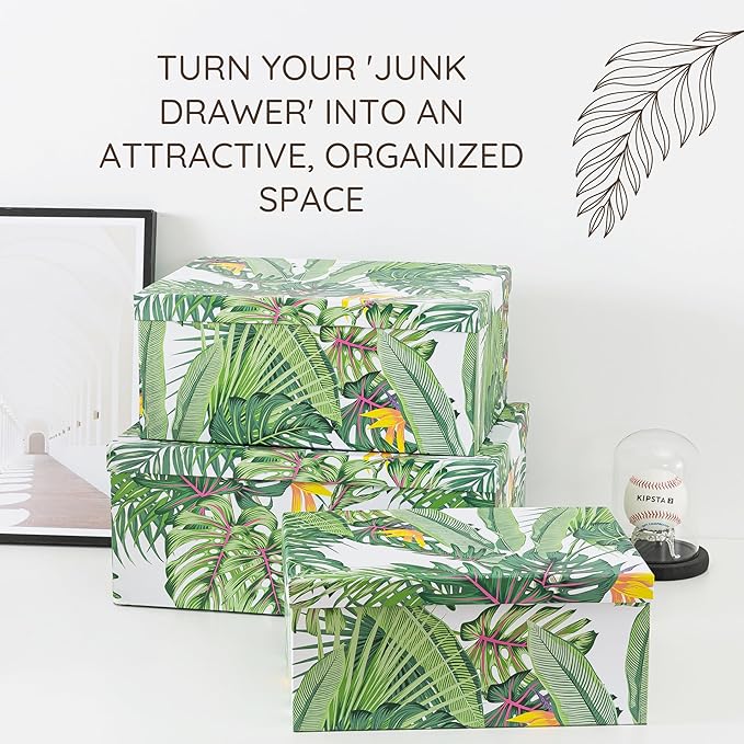 Soul & Lane Decorative Storage Cardboard Boxes with Lids | Tropical Breeze - Set of 3 | Green Jungle Leaves Paperboard Nesting Boxes