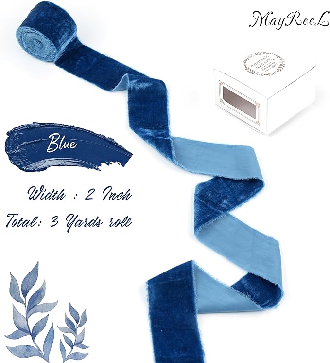 MAYREEL 2 Inch Blue Velvet Ribbon Hand Torn Navy Blue Silk Frayed Edge for Bridal Bouquets Invitations Wedding Vow Books Gift Baskets Hair Bows 3 Yards