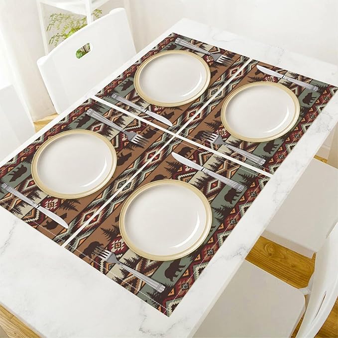 Rustic Bear Placemats Aztec Cabin Wild Animal Hunting Camping Art Printed Dining Table Mats Set of 4 for Home Kitchen Holiday Picnic Party Decor 12x18in