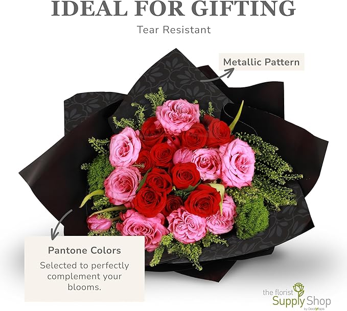 the florist Supply 20 Sheets Premium Flower Wrapping Paper | Waterproof Flower Wrapping Paper for Bouquets | Double Sided Floral Bouquet Sheets | DIY Gifts Isabella Black/Metallic Black