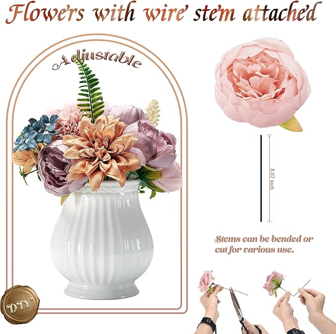 Artificial Flowers, Fake Peony Flower Combo Box Set, Silk Flowers with Wire Stem for DIY Wedding Bridal Bouquet Shower Party Home Décor (Multi-Color)