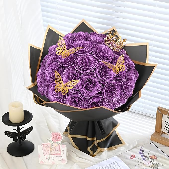 Waipfaru Glitter Roses Bouquet, DIY Lilac Fake Flowers Bouquet, Birthday Gifts for Women Mom, 36 Pcs Rose for Grandma Wife Girlfriend Valentines, Mothers Day, Anniversary, Graduation