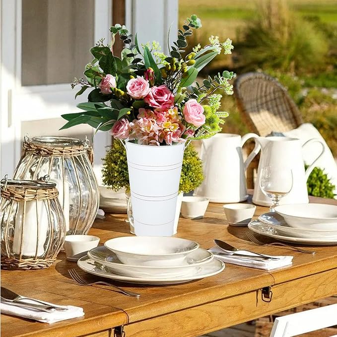 8pcs 12.8inch White Flower Holders for Flower Bar, Galvanized Flower Bucket, Metal Buckets for Party, Rustic Vases for Centerpieces, Floral Vase, Farmstand Supplies (White, 12.8inch Height)