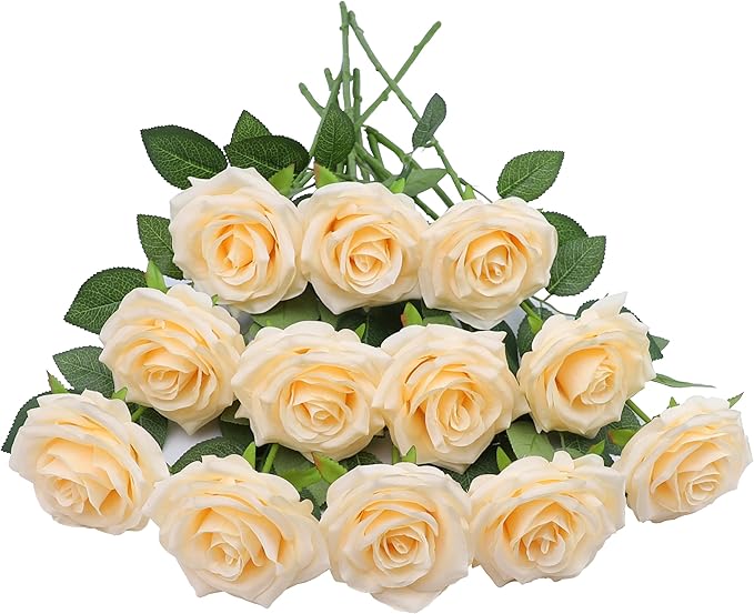 12pcs Artificial Rose Flower Champagne Flower with Long Stem Silk Roses Bouquet for Wedding Bridal Shower Party Home Decoration