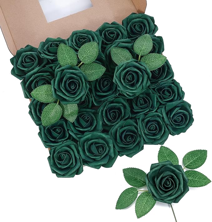 DuHouse 50Pcs Artificial Roses Flowers Fake Roses with Stems Real Touch Foam Flowers for DIY Wedding Bouquet Baby Shower Centerpiece Floral Arrangement Party Home Decor(Hunt Green)