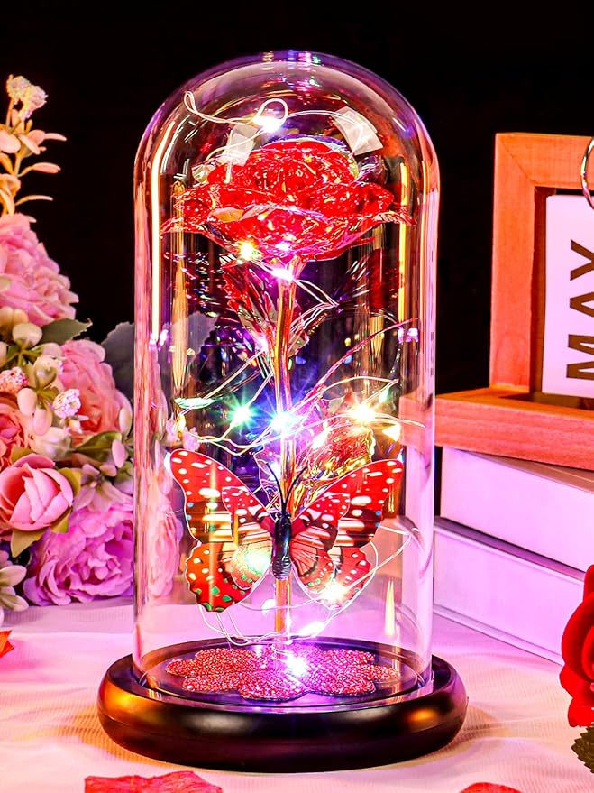 Pusuny Christmas Rose Gifts for Women Birthday Gift Galaxy Glass Rose Forever Eternal Crystal Flower Light Up Roses in Glass Dome with Butterfly Xmas Gifts for Women Mom Grandma Wife Her Sister Red