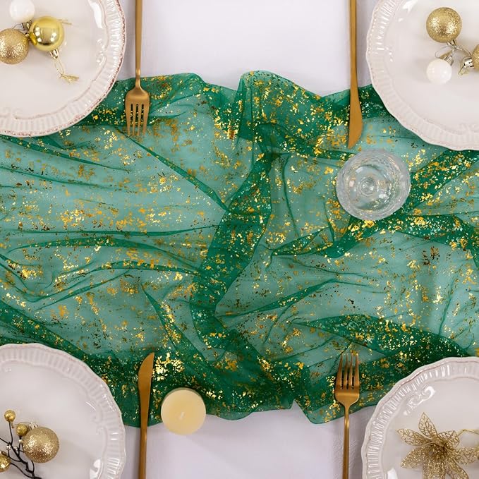 Gold Table Runner Christmas Snow Gauze Sheer Chiffon Cheesecloth Sequin 10FT Glitter Metallic Foil Dining Wedding Birthday Party Fall Winter Anniversary Holiday Centerpiece Table Decor Emerald Green