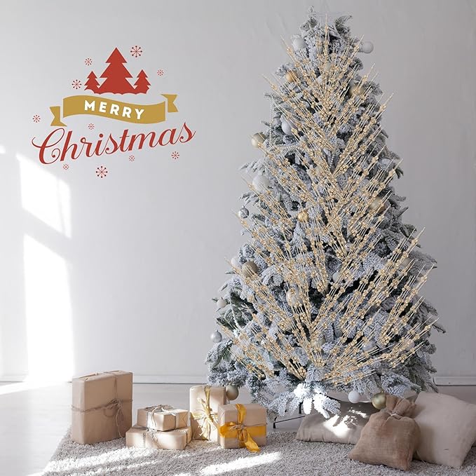 Geosar 30 Pcs Christmas Artificial Glitter Berry Stem Decorations 17 Inch Faux Stick Floral Pick Centerpiece Bouquet Flower Bead Twigs for Centerpiece Tree Wreath Xmas Ornaments Home(Champagne Gold)