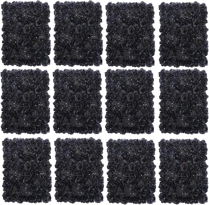 Flower Wall Panel Set,Black Artificial Wall Flower Backdrop,12 Pcs 23.62" X 15.75" 3D Silk Hydrangea Rose Floral Panel,Faux Roses Artificial Flower Backdrop for Wall Decor