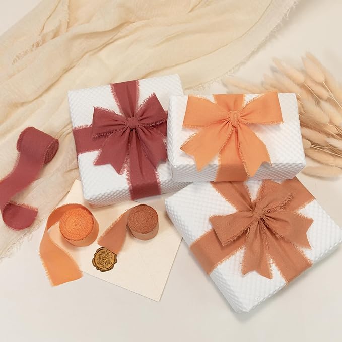 Keypan Orange Fall Ribbon 1-1/2 x 15 Yards Handmade Cotton Frayed Fringe Fabric Ribbons for Crafts Flower Bouquets Gift Wrapping Home DIY Decor