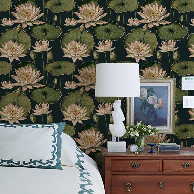 Orainege Vintage Floral Peel and Stick Wallpaper Floral Contact Paper 16.9"x393.7" Lotus Leaf Wallpaper Peel and Stick Self Adhesive Wall Paper for Bedroom Bathroom Covering Wall Decorative