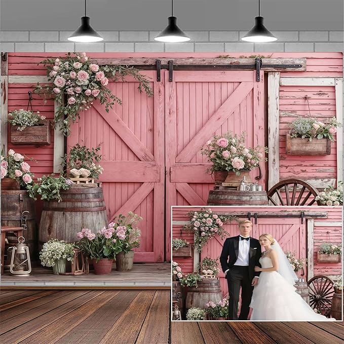 6x4ft Country Wedding Pink Photography Backdrop Rustic Wooden Barn Door Photography Backdrop Farmhouse Flower Western Girl Birthday Baby Shower Wedding Bridal Party Banner Photo Booth Props Background
