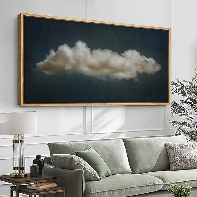 SIGNFORD Extra Large Framed Canvas Print Wall Art Single Fluffy Cloud on Dark Sky Minimalist Atmospheric Illustrations Modern Art Relax/Calm Warm for Living Room, Bedroom, Office - 60"x30"