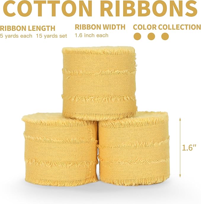 Keypan Yellow Ribbon 1-1/2 x 15 Yards Handmade Cotton Frayed Fringe Fabric Ribbons for Crafts Flower Bouquets Wedding Baby Shower Home DIY Decor