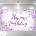 Avezano Happy Birthday Backdrop Banner for Girls Women Happy Birthday Party Decorations Floral Glitters Bday Banner Party Supplies (Purple, 6x3.6ft)