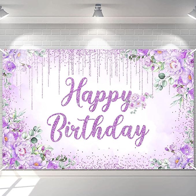 Avezano Happy Birthday Backdrop Banner for Girls Women Happy Birthday Party Decorations Floral Glitters Bday Banner Party Supplies (Purple, 6x3.6ft)