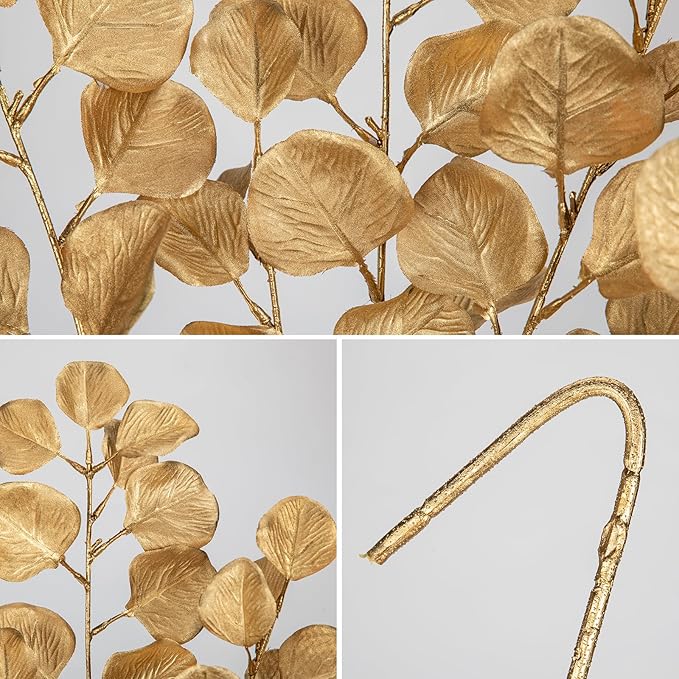 Hollyone 32” Christmas Tree Picks and Sprays 3Pcs Gold Artificial Eucalyptus Stems Eucalyptus Leaves Branches Fake Gold Leaf Floral for Vase DIY Xmas Tree Garland Wreath Centerpieces Wedding Decor