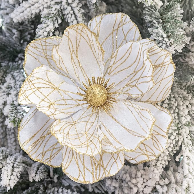 KI Store Christmas Poinsettia Artificial Velvet Magnolia Flower White and Gold Floral Picks Stems for Christmas Tree Decoration Pack of 6 for Xmas Tree Wedding Centerpiece