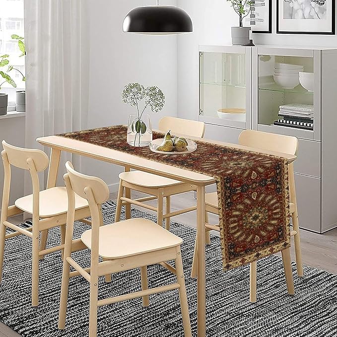 Boho Paisley Table Runner, Classic Traditional Red Gold Mandala Vintage Farmhouse Decor Table Runner for Kitchen Dining Festive Holiday Party Wedding Gathrting, 13x60 Inch