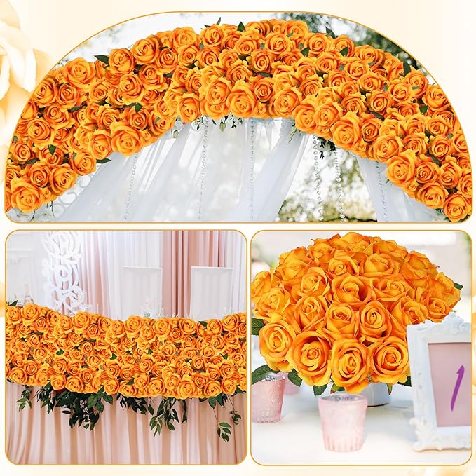 80 Pcs Roses Artificial Flowers, Silk Gradient Yellow Artificial Flowers Petals Long Stem Roses for Wedding Bouquet Home Party Decor
