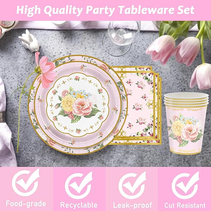 96 Pcs Tea Party Decorations, Floral Paper Plates Floral Cups & Napkins Set for Serves 24, Disposable Plates for Baby Shower, Bridal Shower, Wedding, Garden Party