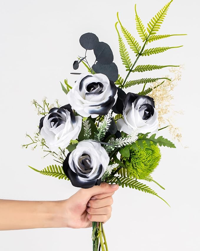 DuHouse 10pcs Fake Roses Artificial Silk Flowers Faux Rose Flower Long Stems for Arrangement Wedding Centerpiece Home Kitchen Decor(Black White)