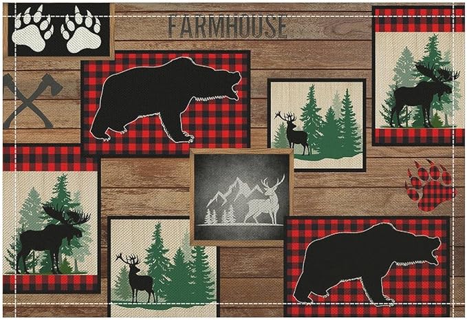 Rustic Cabin Bear Placemats Country Farm Lodge Moose Art Printed Dining Table Mats Set of 4 for Home Kitchen Holiday Picnic Party Decor 12x18in