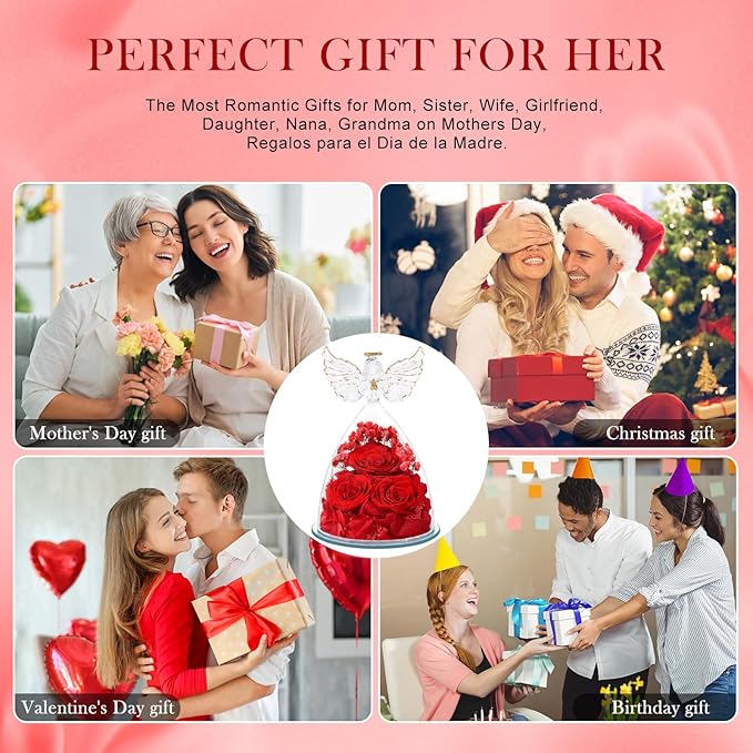 FIACO Preserved Flower Rose for Women, Forever Eternal Fresh Flowers in Glass Angel Figurines Flowers for Delivery Prime Red Roses for Grandma Mom Sister Her Wife on Mothers Day Birthday
