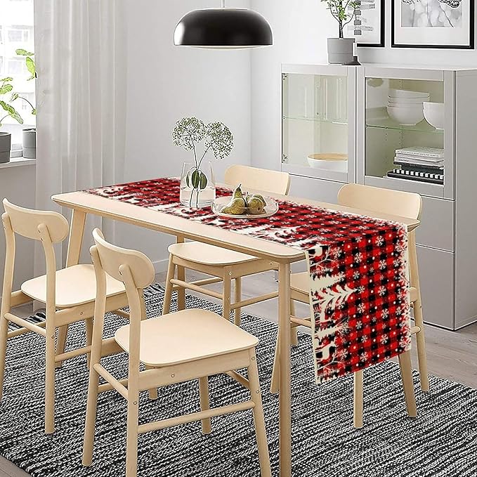 Christmas Table Runner,Red Black Plaid Xmas Snowflakes Deer Trees Print Tablecloth Burlap for Hotel Indoors Outdoor Dining Room Kitchen Home Decor,W13X L90 in