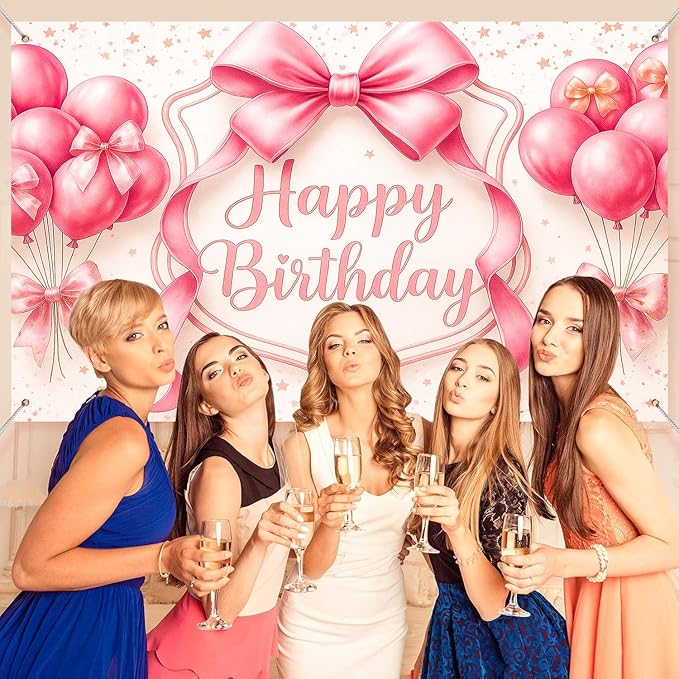 Happy Birthday Backdrop for Girls - 7x5ft Pink Bow Coquette Party Background, Photography Banner Decoration for Baby Toddler Kids First Birthday, Photo Booth Backdrop