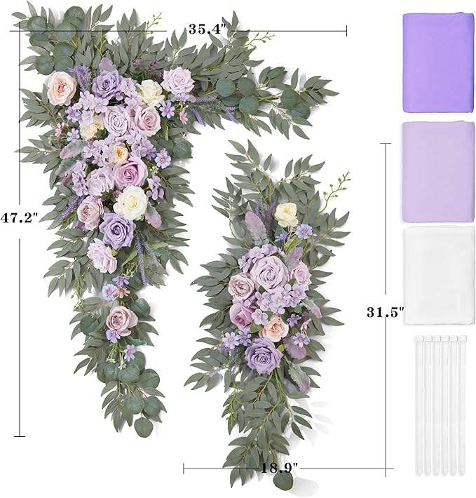 Wedding Arch Flowers with Drapes Kit (Pack of 5) - 2pcs Artificial Lilac Deluxe Swag with 3pcs Sheer Drapes for Wedding Ceremony Backdrop Rose Floral Decoration Arbor Reception