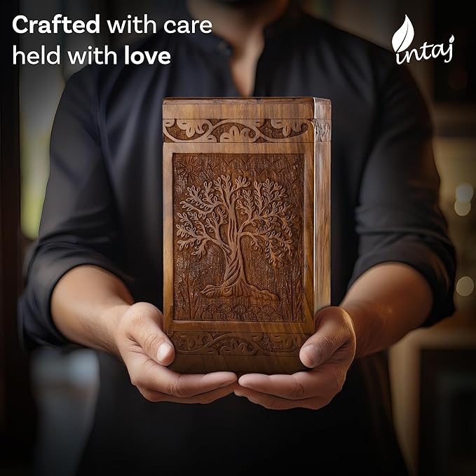 INTAJ Wooden Tree of Life Cremation Urns for Human Ashes – Memorial Urn Box and Casket for Adult Male, Female, Child, or Pets (Cat/Dog) – Burial Funeral Urn Holds Up to 180 Cubic Inches of Ashes