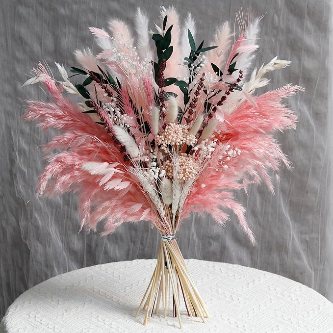 Pink Pampas Grass Dried Flowers Bouquet for Home Decor, Wedding Decor, Boho Style Floral Arrangement Without Flower Vase