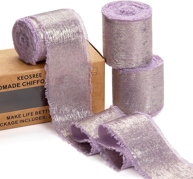 Light Purple Silk Chiffon Ribbon,Lavender Frayed Shimmery Silk Ribbon for Bridal Flower Bouquet Christmas Gift Wrapping Wedding Decor Invitations Decorations 1.5" x 15 Yards (5Yards X 3 Rolls)